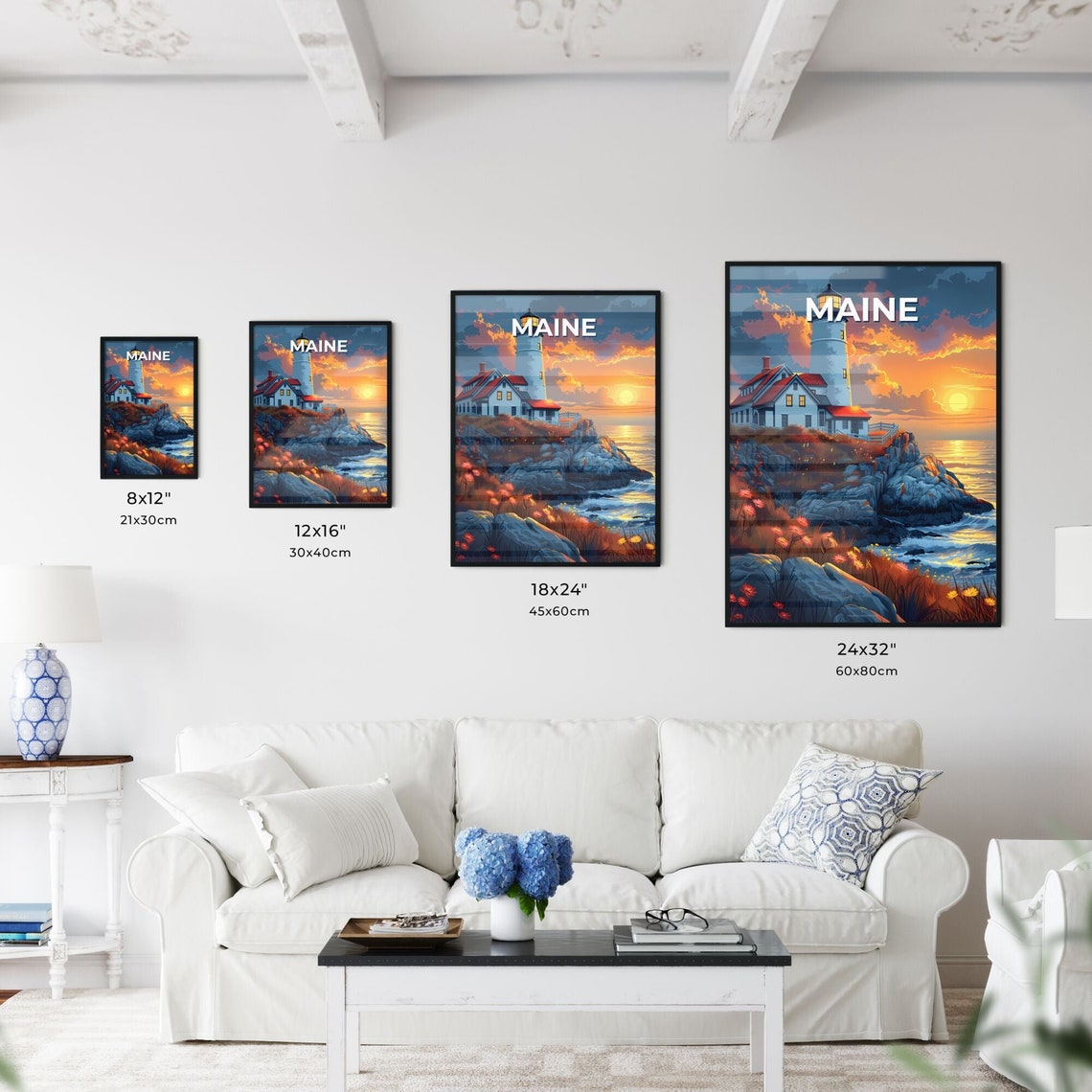Maine White Lighthouse Rocky Coast Sunset Ocean Travel Poster - Image 3