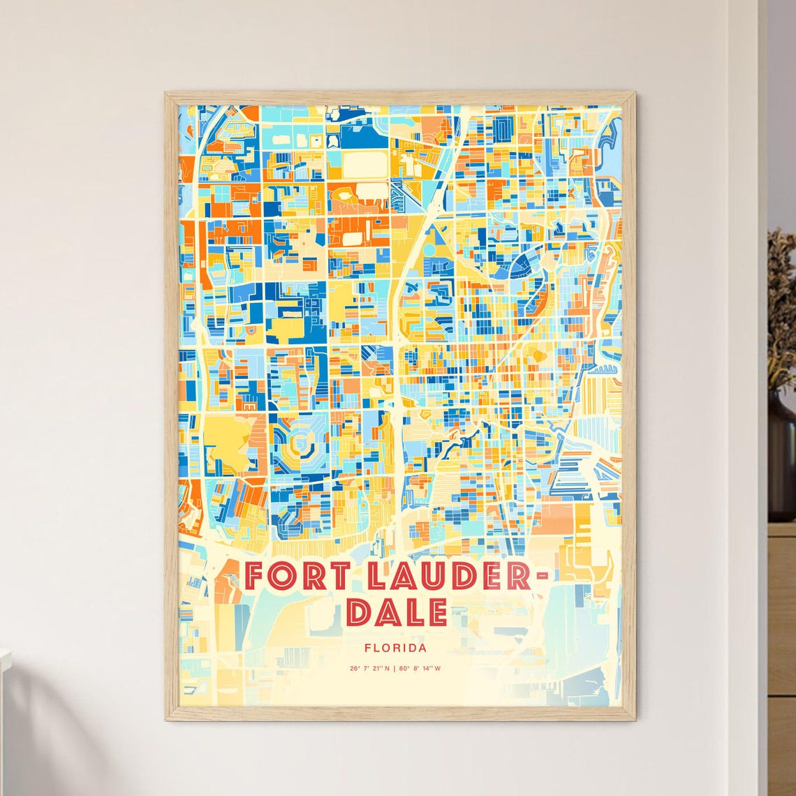 Fort Lauderdale Florida Vibrant Modern Blue Orange City Map Poster