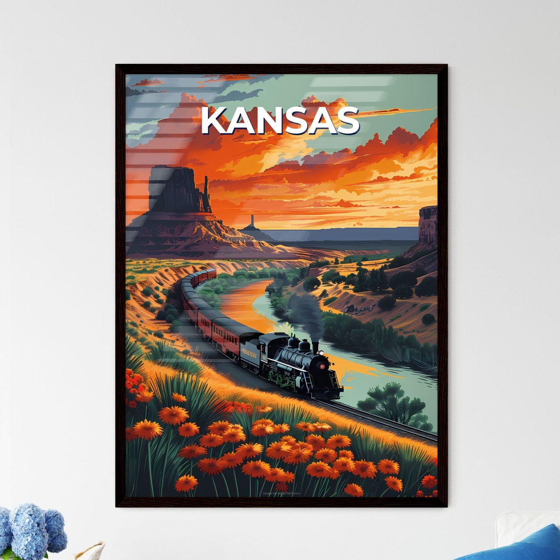 Kansas Steam Train Sunset River Valley Mesa Wildflower Poster