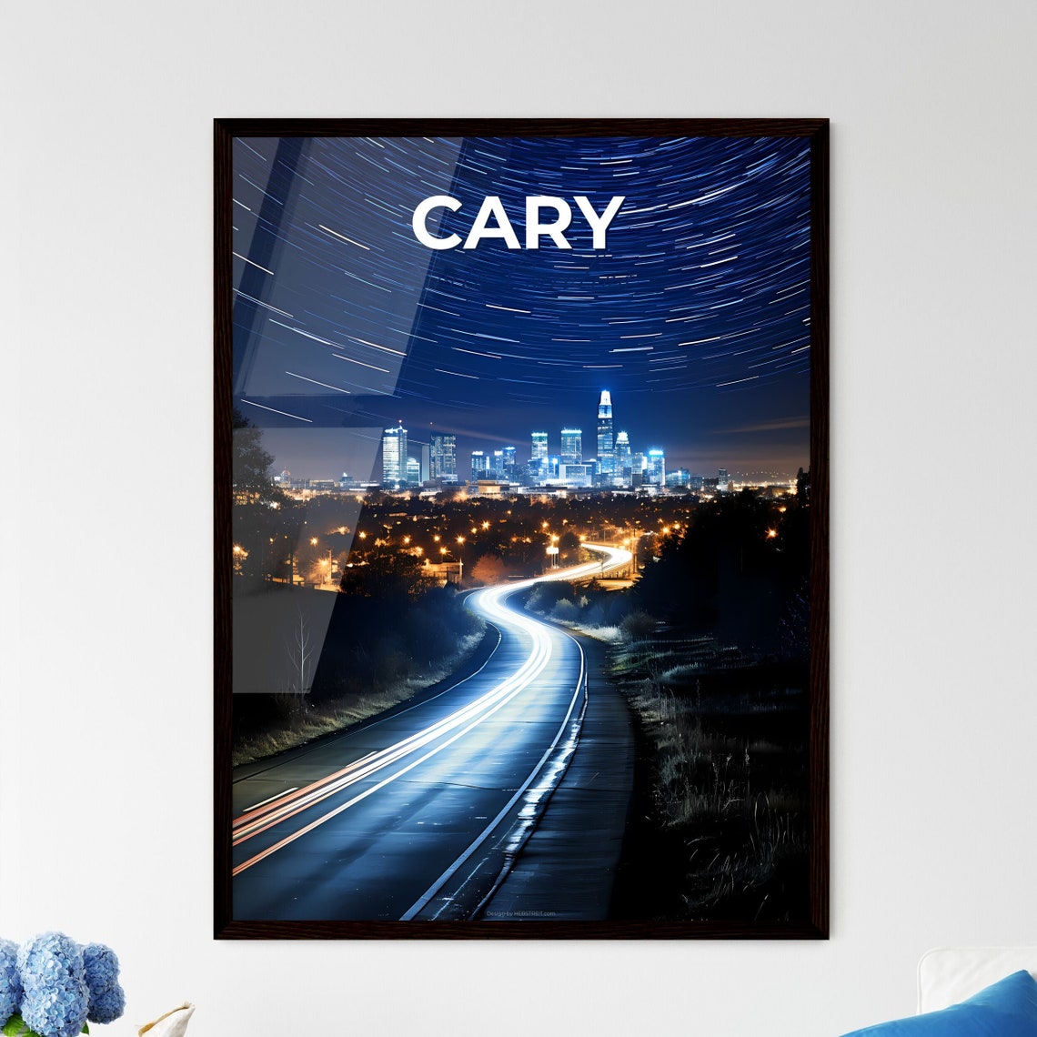 Cary Night Skyline Road Light Trails Under Starry Sky Poster