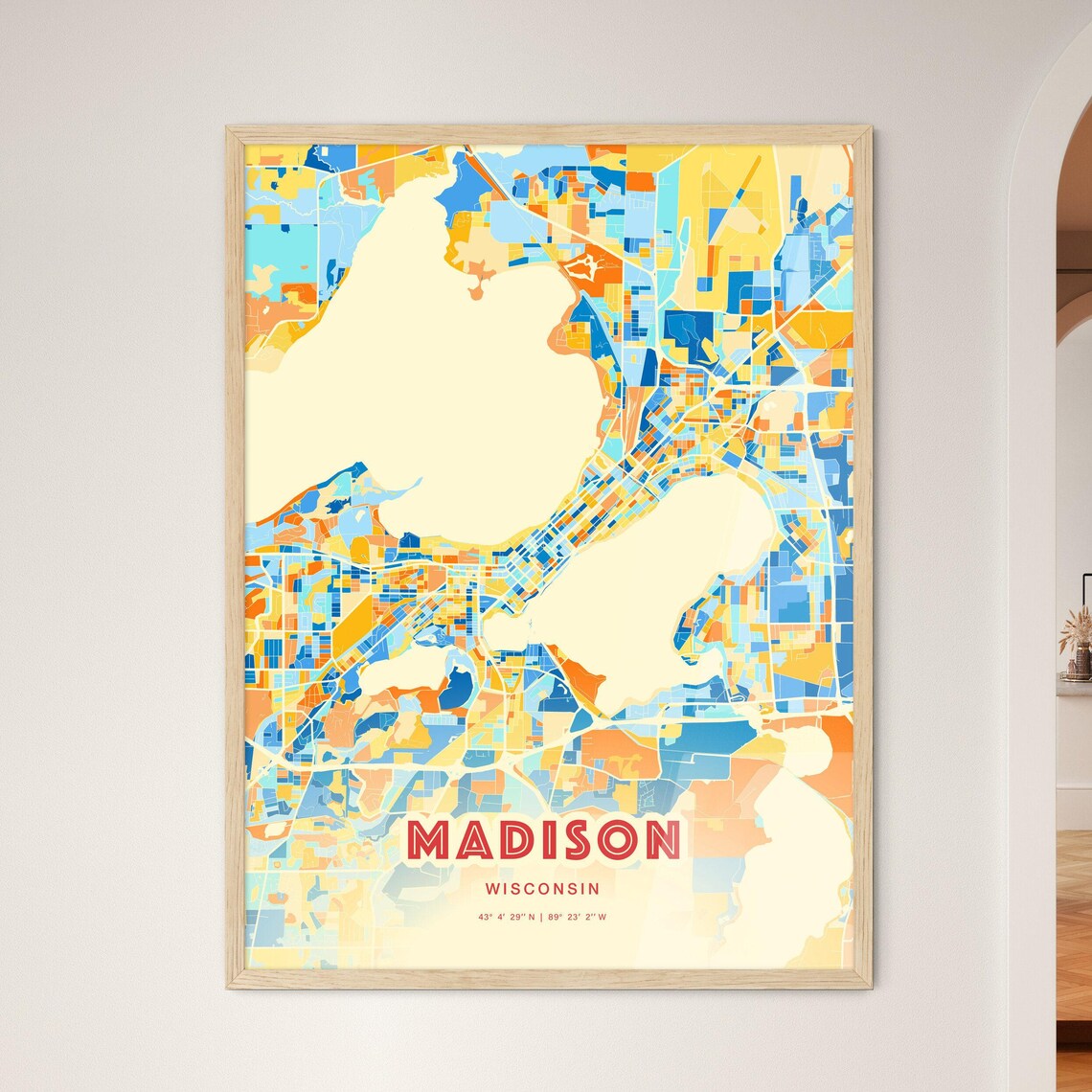 Madison Wisconsin Vibrant Blue and Orange City Map Art Poster