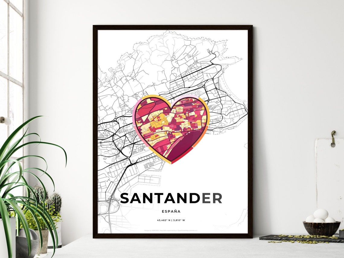 Santander Spain Romantic Minimalist Heart City Map Art Poster