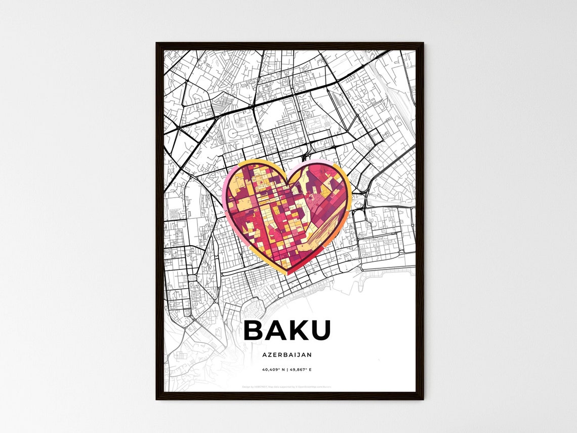 Baku Azerbaijan Modern Minimalist Heart Street Map Art Poster