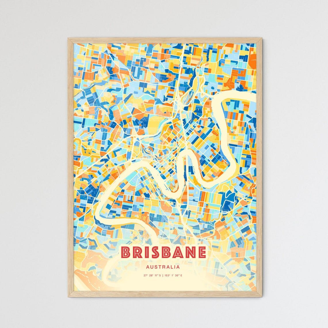 Brisbane Australia Colorful Blue and Orange City Map Art Poster