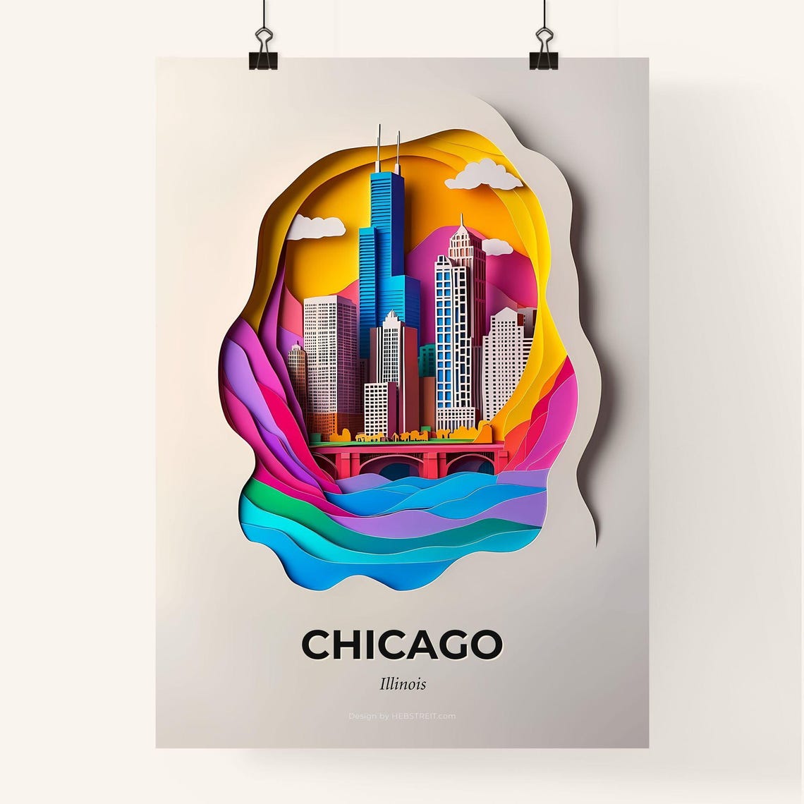 Chicago Illinois Skyline Bridge Paper Cut City Travel Poster - Image 4