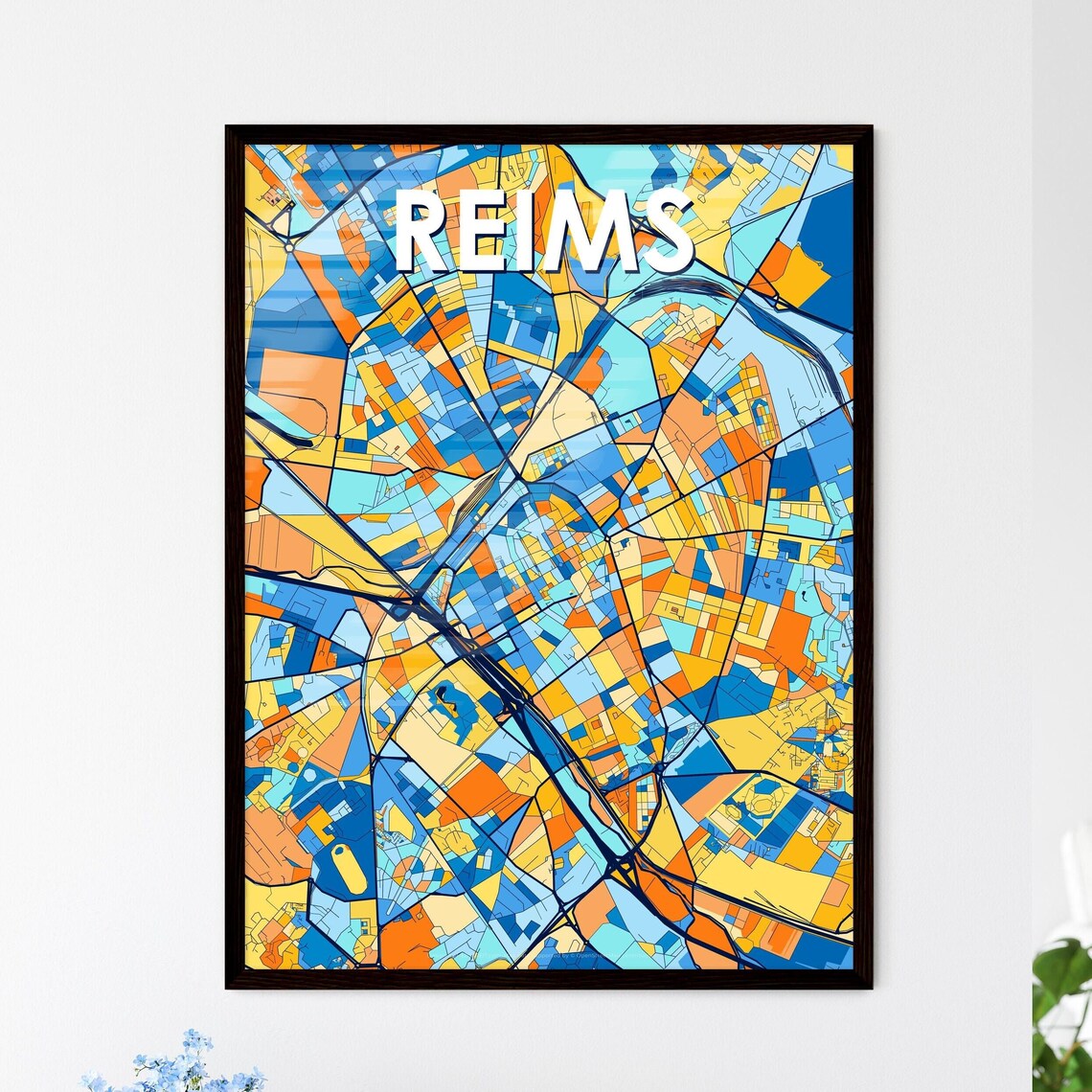 Reims France Champagne Colorful Blue Orange City Map Art Poster