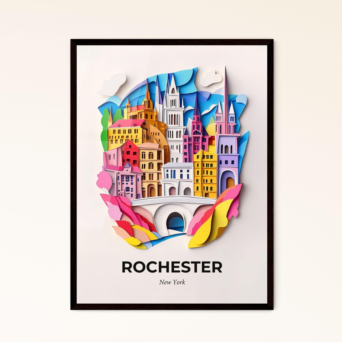 Rochester New York Town Bridge Spires Vivid Paper Cut Art Poster