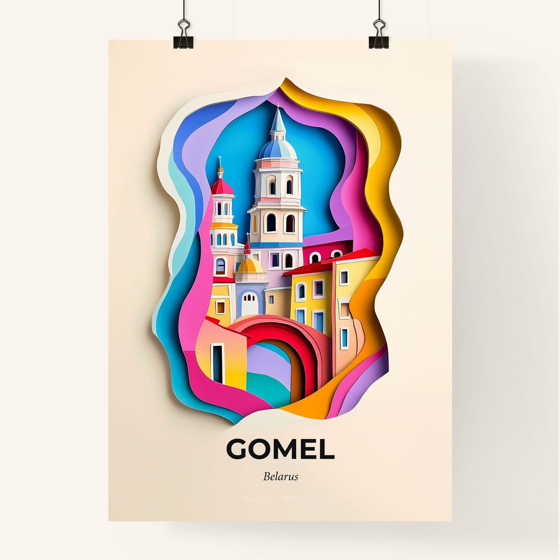 Gomel Belarus Colorful Paper Cut Church Archway Scene Poster - Image 4