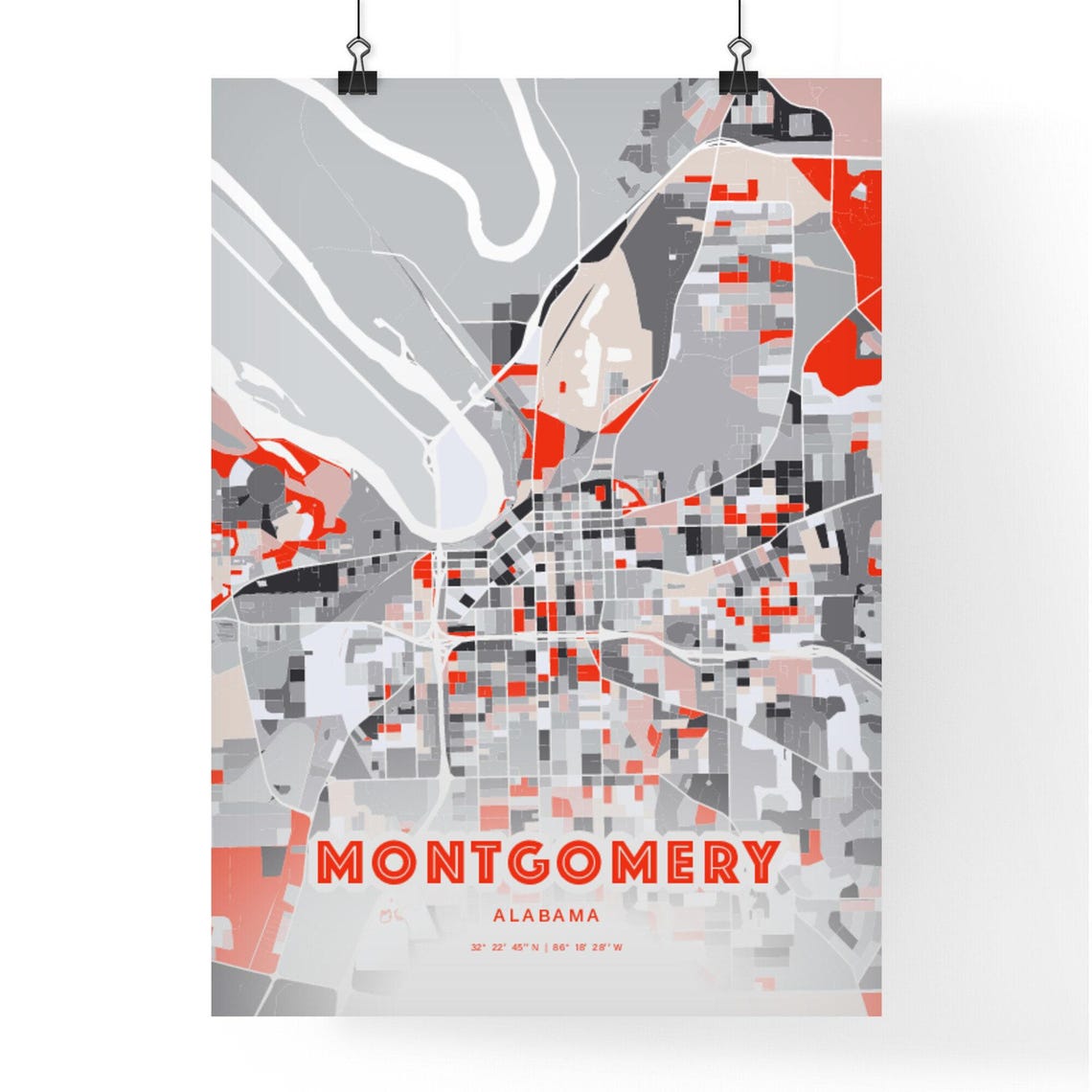 Montgomery Alabama Expressive Red Abstract City Map Art Poster - Image 3