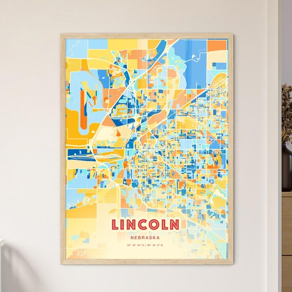 Lincoln Nebraska Colorful Vintage Geometric State Capital City Map Art Poster