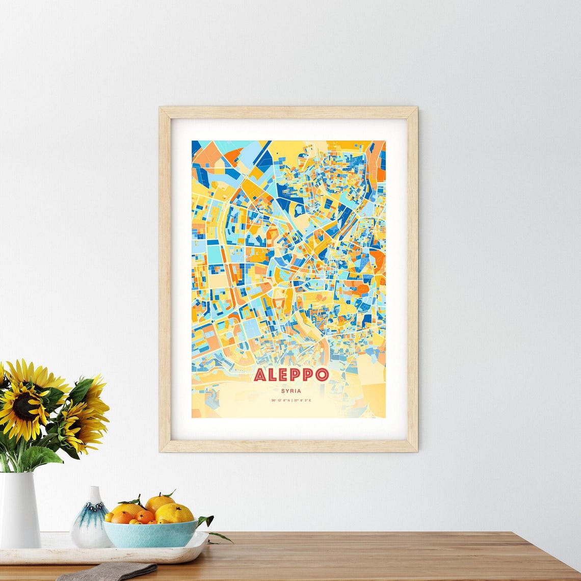 Aleppo Syria Elegant Pastel Blue and Orange Fine Art Map Print - Image 2