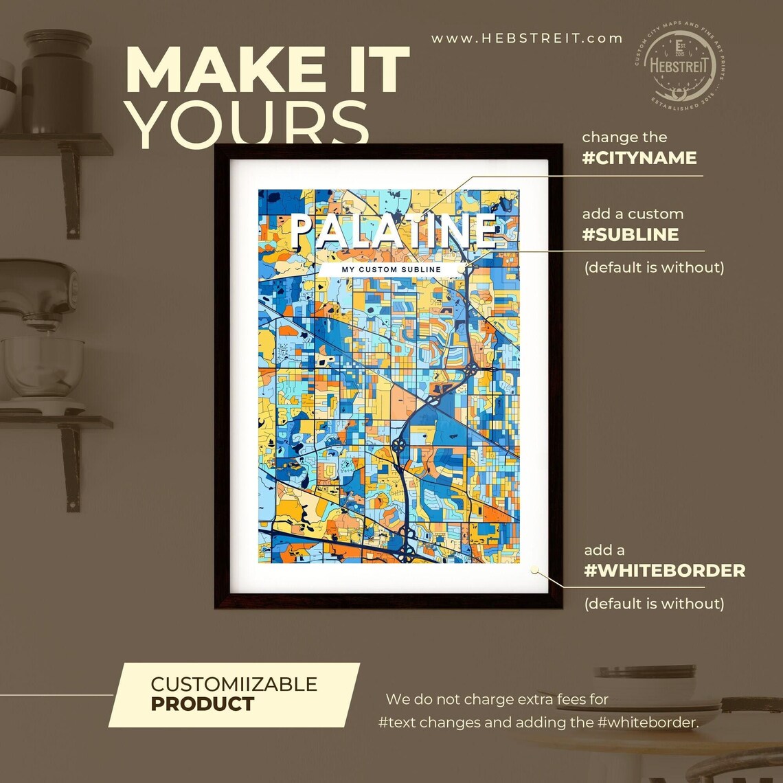 Palatine Illinois Vibrant Colorful Illustrated Street Map Art Poster - Image 3