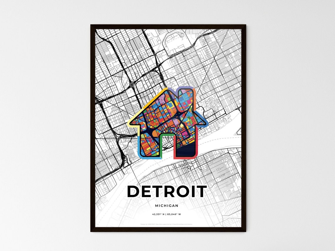 Detroit Michigan Minimal Map Art With Colorful Heart Icon Poster - Image 3