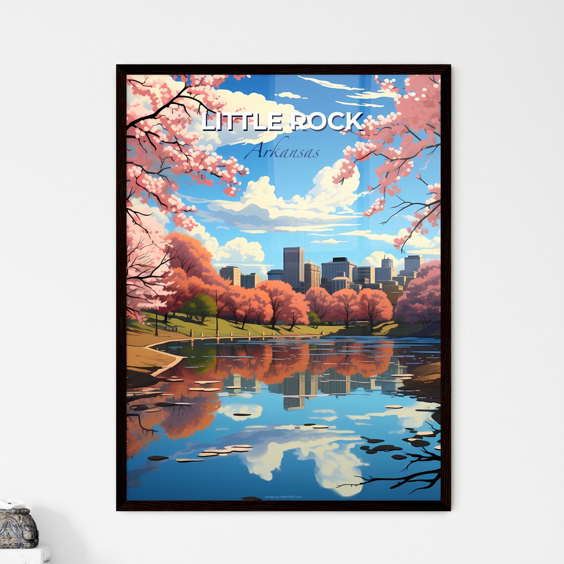 Little Rock Arkansas Lake Reflection Blossom Skyline Travel Poster
