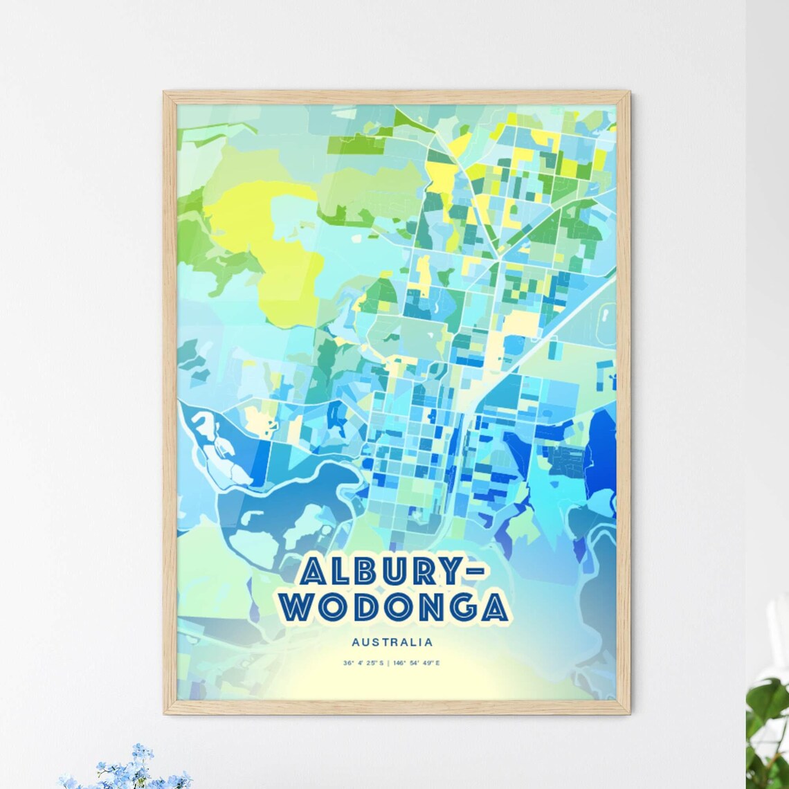 Albury-Wodonga Australia Bluish Watercolor City Map Art Poster Wall Decor