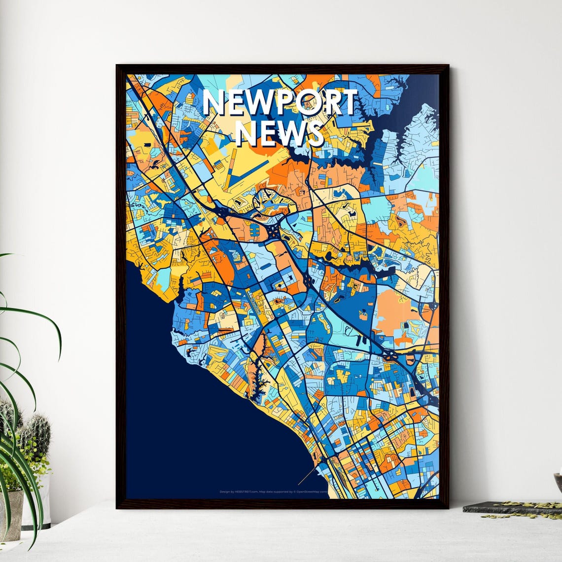 Newport News Virginia Vibrant Blue Orange City Map Art Poster
