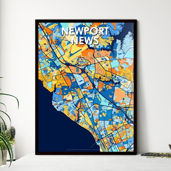Newport News Virginia Vibrant Blue Orange City Map Art Poster