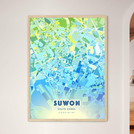 Suwon South Korea Pastel Blue City Map Art with Coordinates Poster