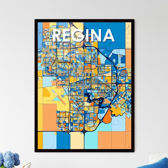 Regina Canada Bold City Map Art Poster in Navy Orange and Yellow