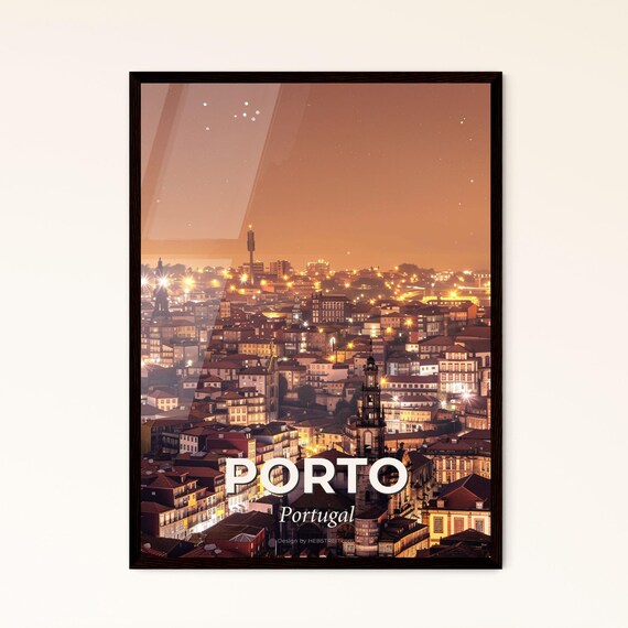 Porto Portugal Night Cityscape Rooftop Lights Travel Art Poster