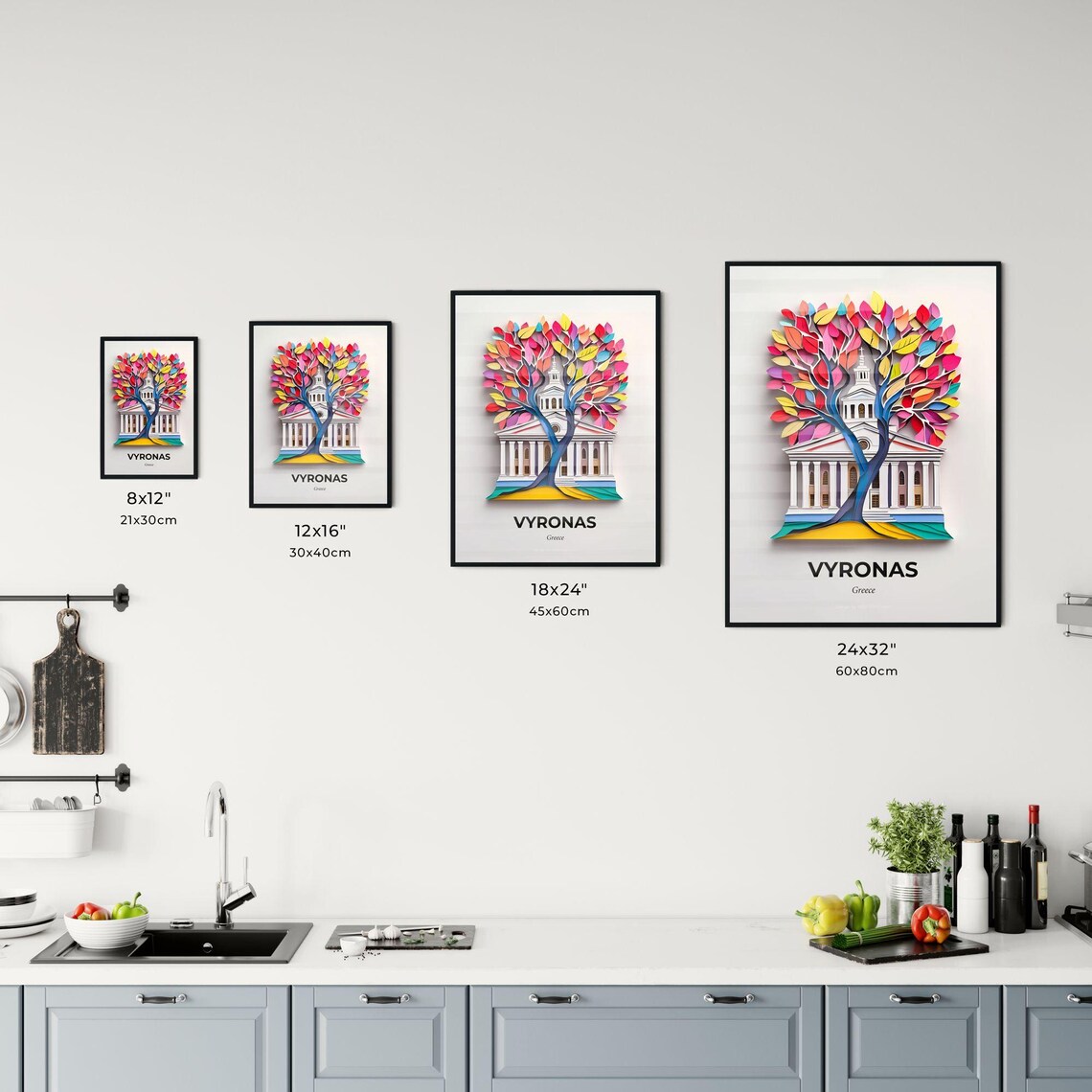 Vyronas Greece White Church Vivid Rainbow Tree Paper Cut Poster - Image 3