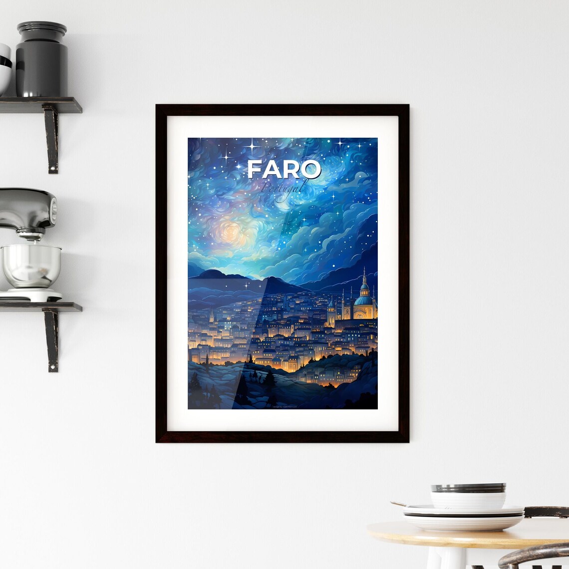 Faro Portugal Starry Night Skyline City Lights Travel Poster - Image 2