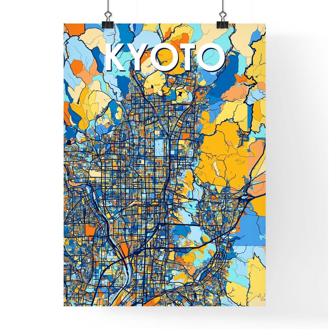 Kyoto Japan Stylish Vibrant Blue and Orange Mosaic City Map Poster - Image 4