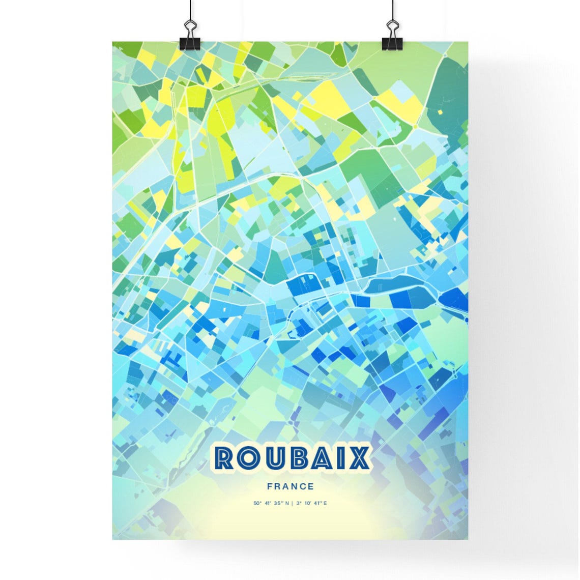 Roubaix France Colorful Modern Bluish City Street Map Art Poster - Image 2