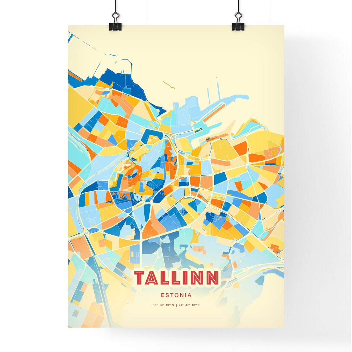 Tallinn Estonia Coastal Modern Colorful City Map Blue Orange Poster - Image 3