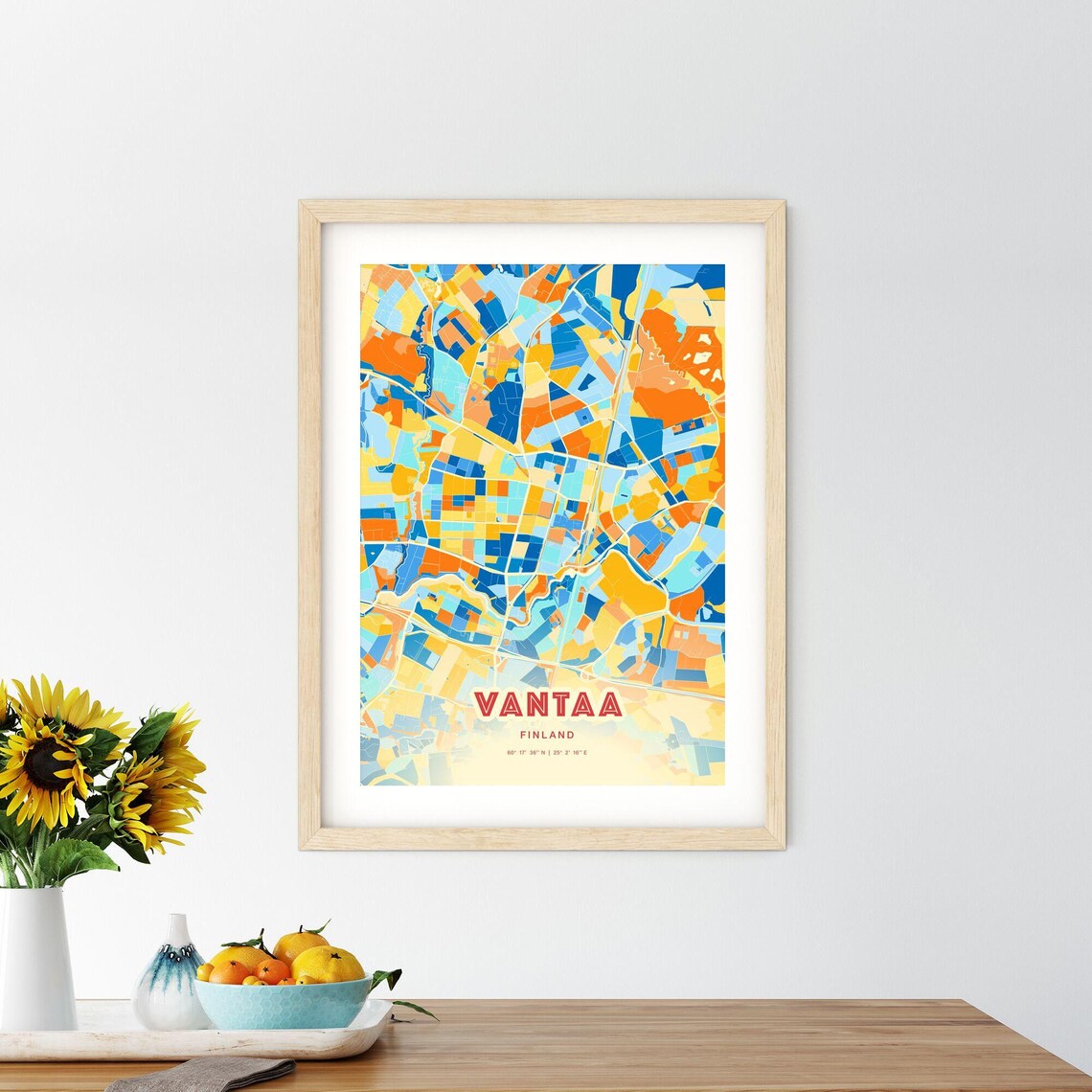Vantaa Finland Blue Orange Colorful City Map Art Poster With Coordinates - Image 2
