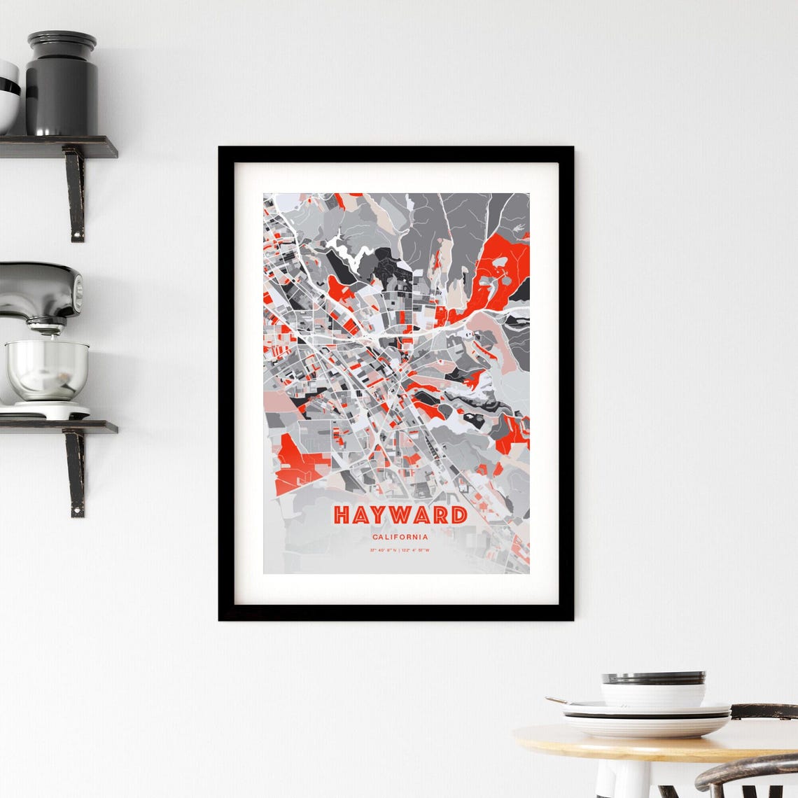 Hayward California City Map Art Poster Red Gray Expressive Modern Look - Image 2