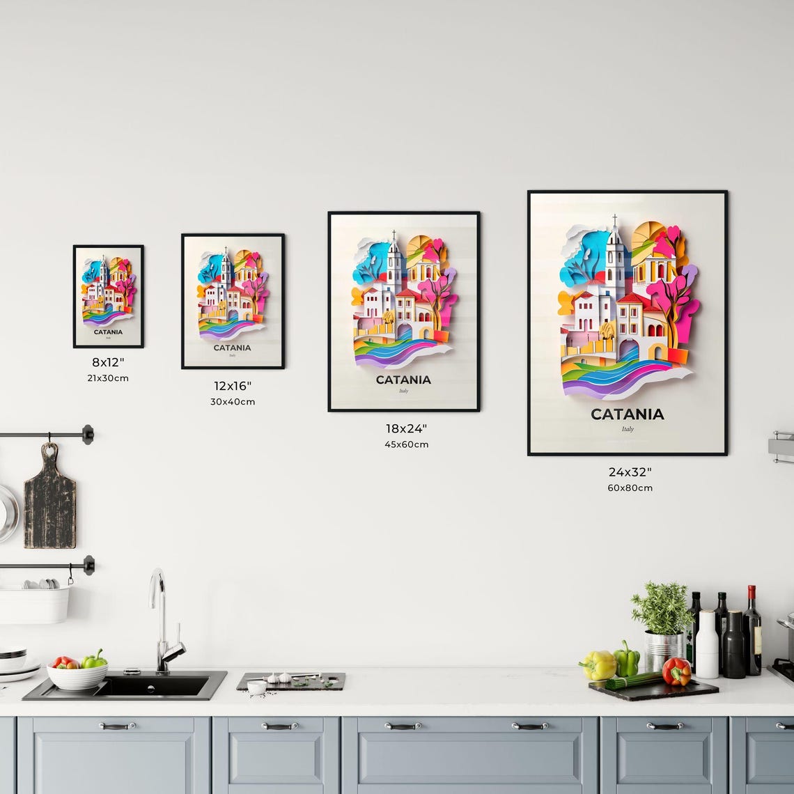 Catania Italy Colorful Paper Cut Church and Rainbow Waves Poster - Image 3
