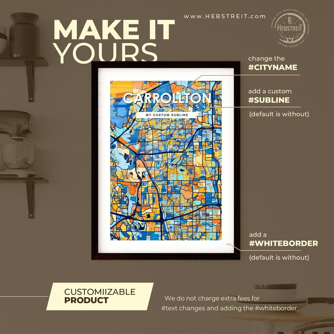 Carrollton Texas Vibrant Colorful Mosaic City Street Map Art Poster - Image 2