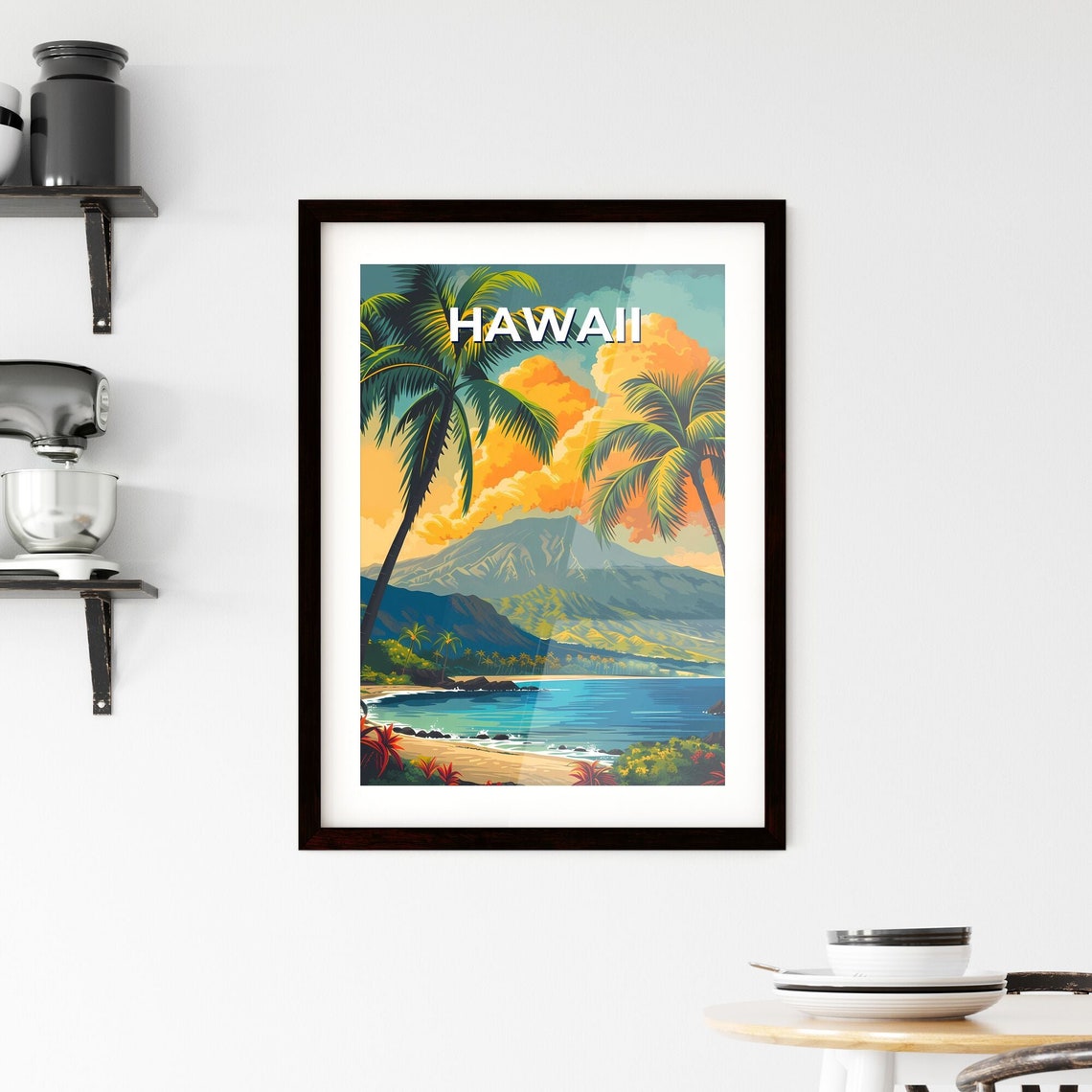 Hawaii Palm Beach Turquoise Bay Mountain Retro Travel Poster - Image 2