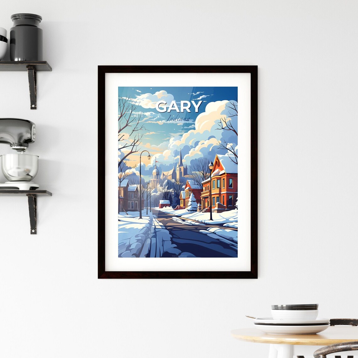 Gary Indiana Winter Street Travel Poster Snowy Homes Church City Art - Image 2