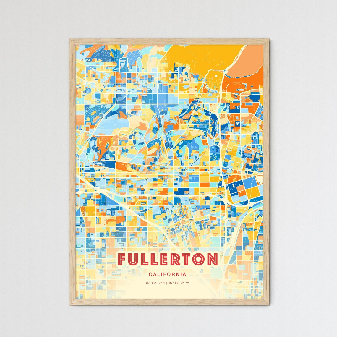Fullerton California Blue Orange Urban Street Map Art Poster
