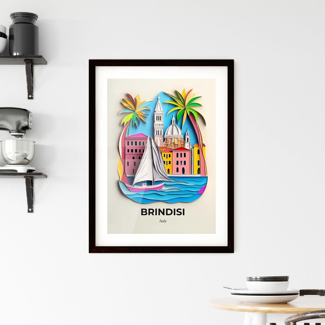 Brindisi Italy Colorful Paper Cut Sailboat and Church Poster - Image 2