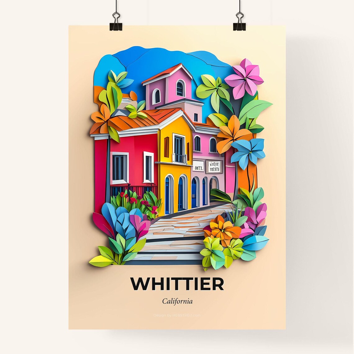 Whittier California Colorful Paper Cut Floral Street Travel Poster - Image 4