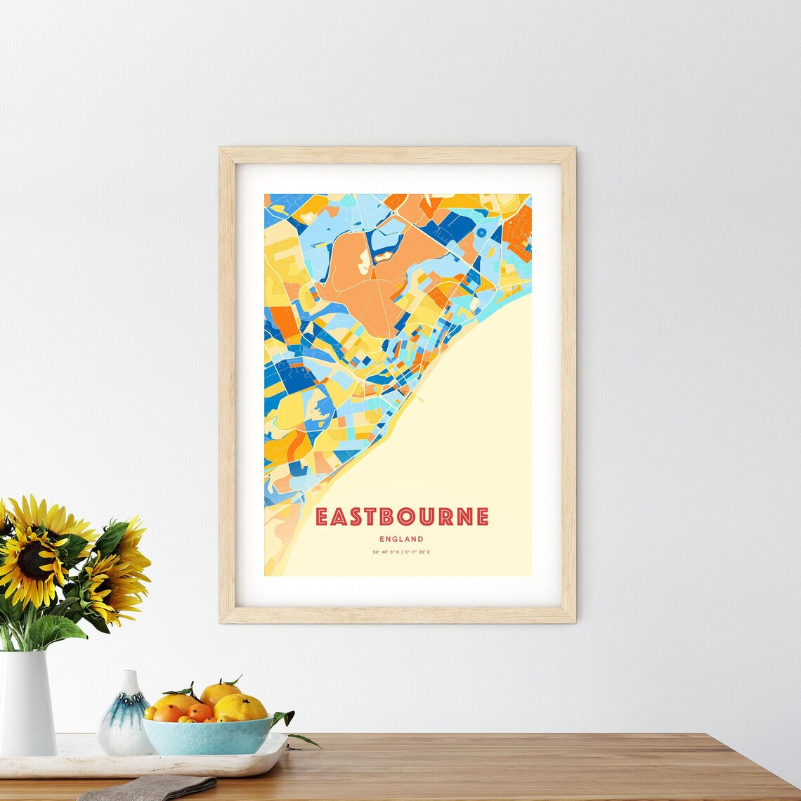 Eastbourne England City Map Art Poster in Bold Blue and Orange - Image 2
