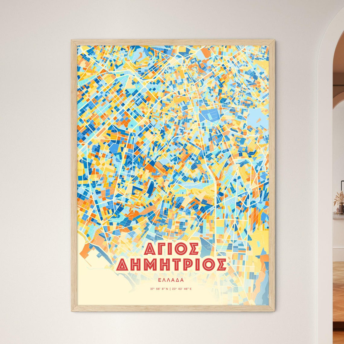 Agios Dimitrios Greece Colorful Blue Orange City Map Art Print