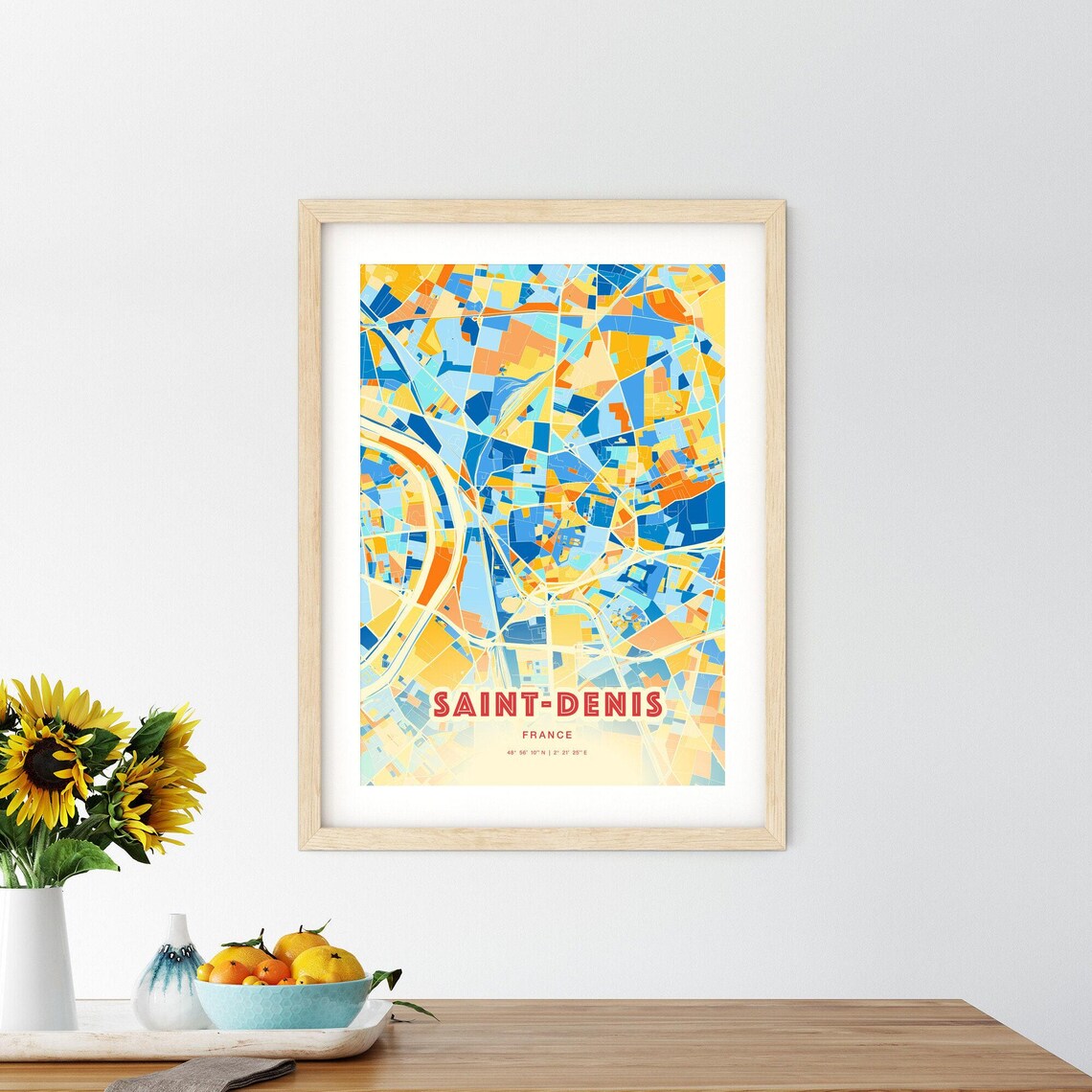 Saint Denis France Colorful Blue and Orange Retro City Street Map Wall Art - Image 2