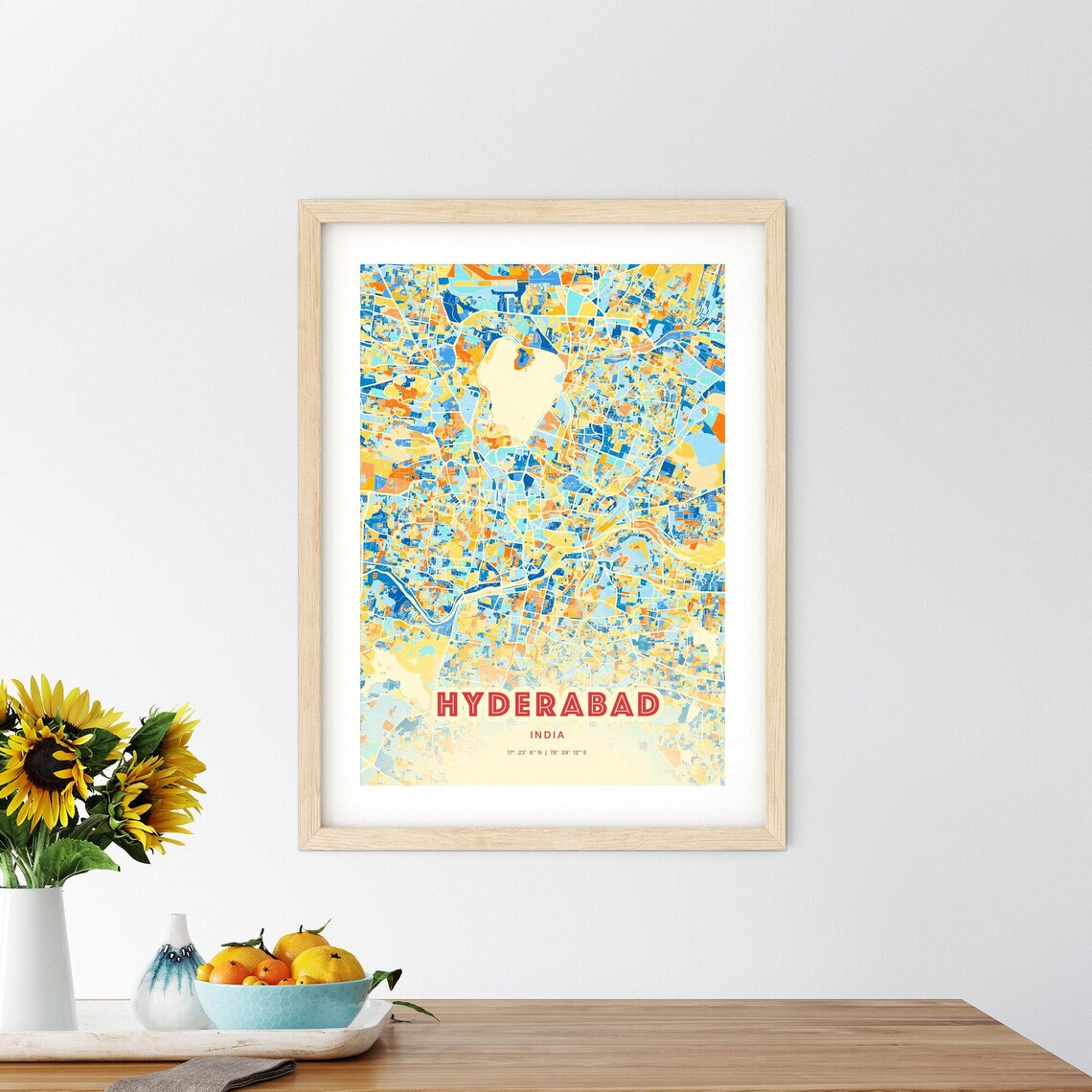Hyderabad India Modern Blue Orange Street Grid City Map Art Poster - Image 2