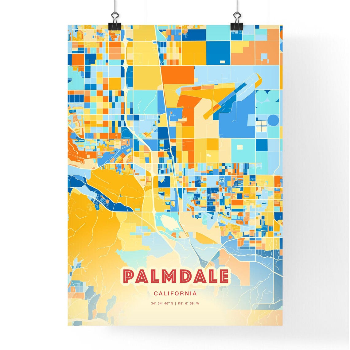 Palmdale California Vibrant Modern Blue Orange City Map Art Poster - Image 3