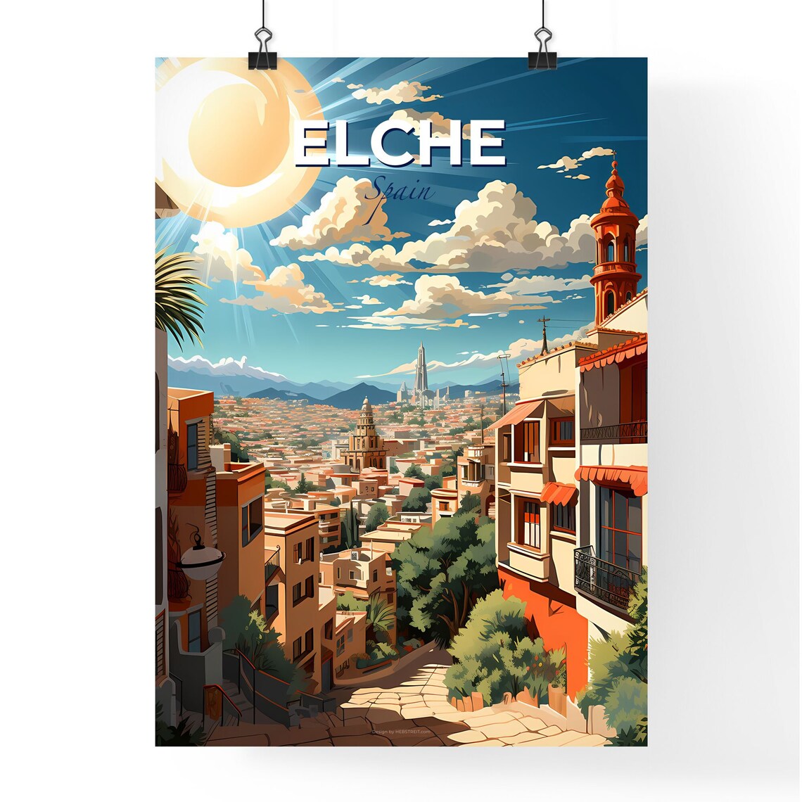 Elche Spain Old Town Sunlit Street Church Towers Travel Poster - Image 4
