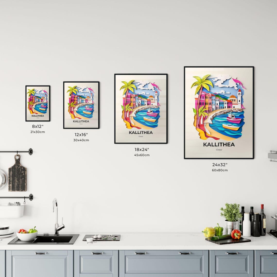 Kallithea Greece Colorful Paper Cut Harbor with Boats Poster - Image 3