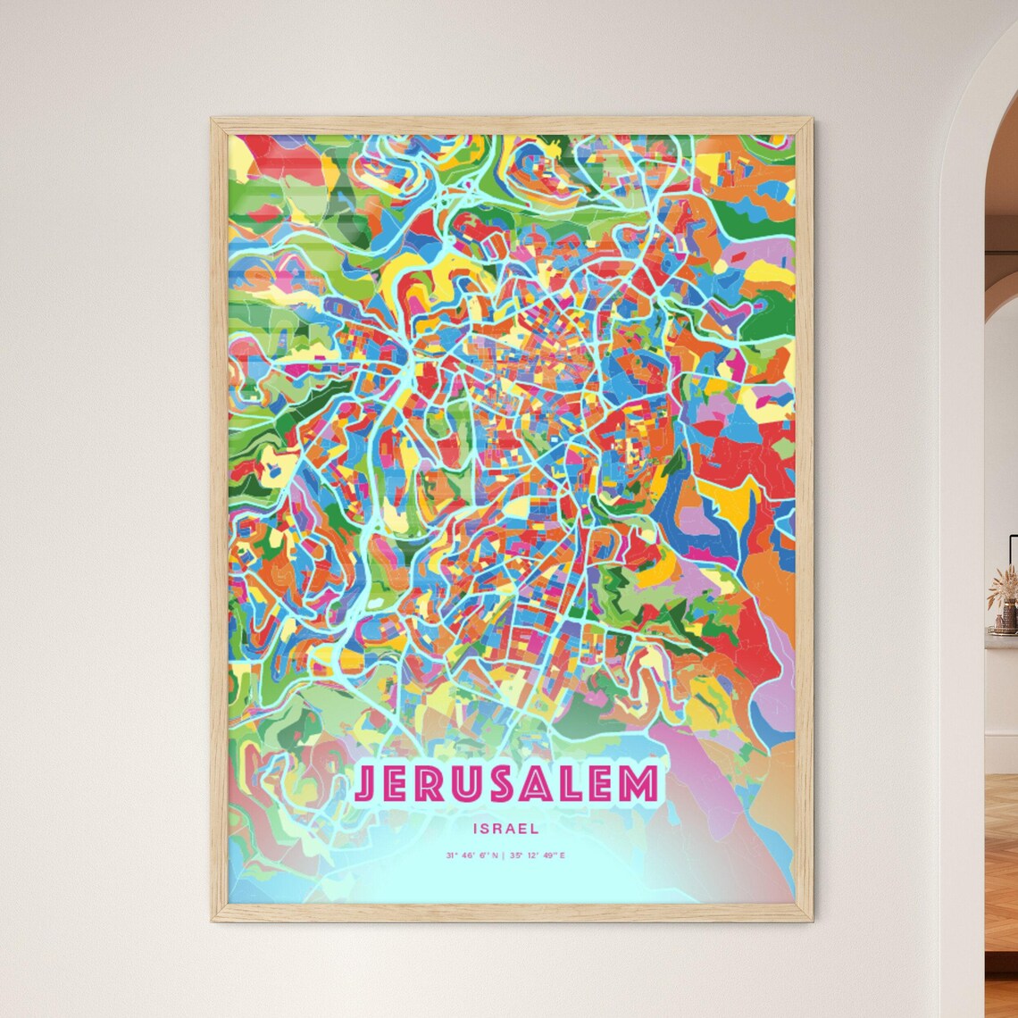 Jerusalem Israel Vibrant Crazy Colorful Mosaic City Map Poster