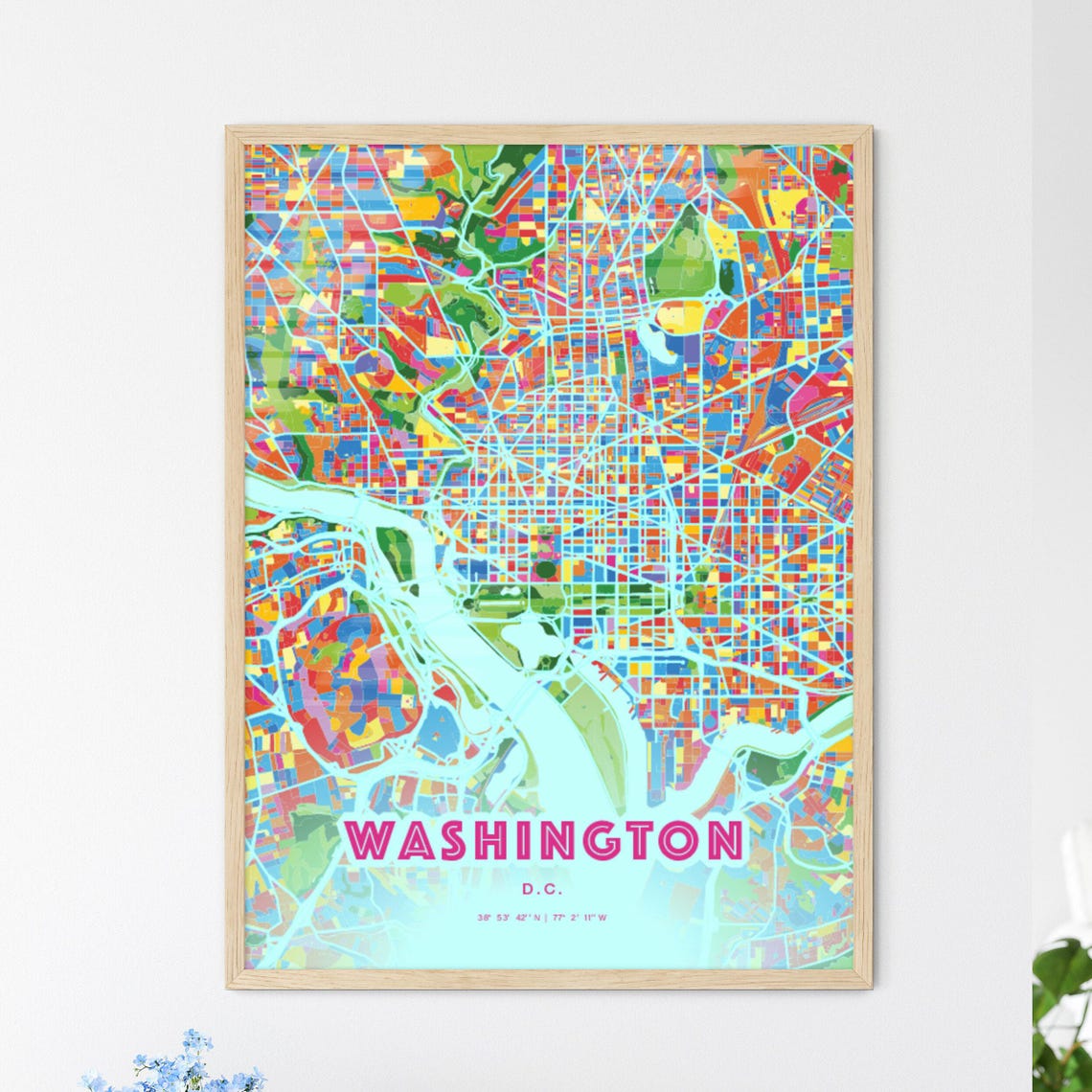 Washington DC Colorful City Map Art Poster in Pink and Turquoise
