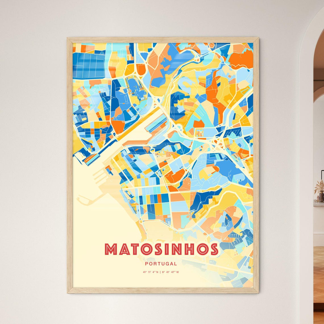 Bold Blue Orange Street Map Art Poster of Matosinhos Portugal City - Image 3