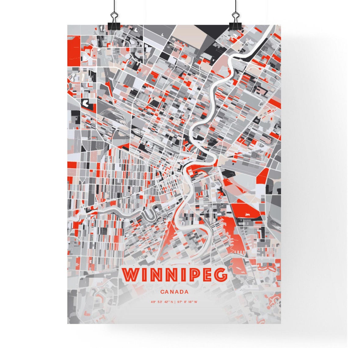Winnipeg Canada Expressive Bold Red City Street Map Artwork Poster - Image 3