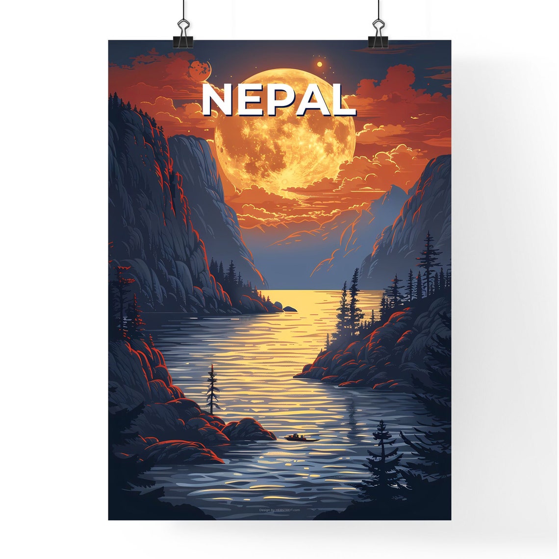 Nepal Giant Golden Full Moon Lake Mountains Night Art Poster - Image 4